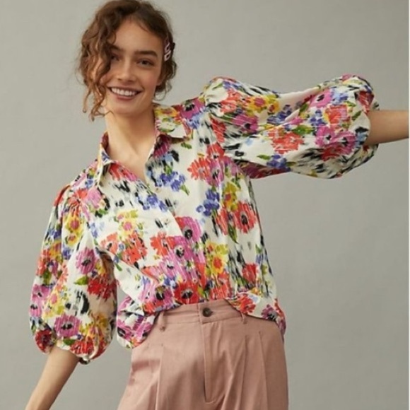 ANTHROPOLOGIE MAEVE Rachael collared  Floral Blouse Balloon Sleeve Size Medium - Picture 1 of 12